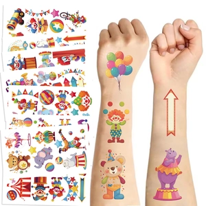 Adesivi per Tatuaggi Temporanei a Tema Circo Cartoon Impermeabili per Bambini Festa di Compleanno Clown Animali Maghi