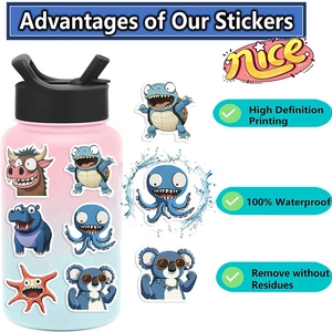 Detail of waterproof cartoon animal stickers on a water bottle with HD printing features