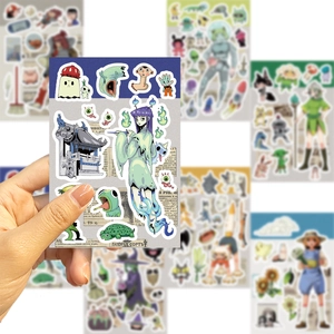 Detail of waterproof cartoon DIY stickers with anime characters and quirky illustrations
