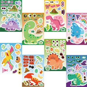 Set of 8 cartoon dinosaur DIY sticker sheets for kids' creative face-matching crafts