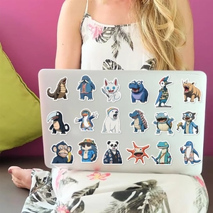 Waterproof cartoon animal stickers on laptop with stylish panda and polar bear designs