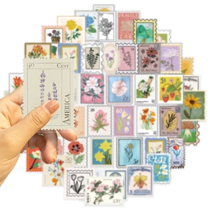 Lot de 50 autocollants timbres floraux vintage en PET imperméable pour scrapbooking