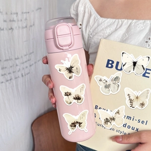 Detalle de pegatinas de mariposas en tinta sobre termo con libros y cortinas suaves