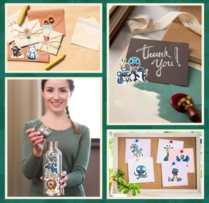 Cartoon animal stickers used for decorating envelopes, water bottles, and gift cards