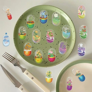 Adesivi trasparenti capsule floreali per diari su un piatto in ceramica verde