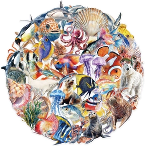 50pcs transparent waterproof PET sea creature stickers featuring sharks and penguins