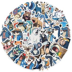 Detailed close-up of cartoon animal stickers with anthropomorphic designs for decoration