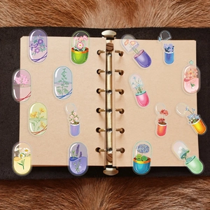 Vista dettagliata di adesivi a fiori in capsule su un quaderno kraft per scrapbooking