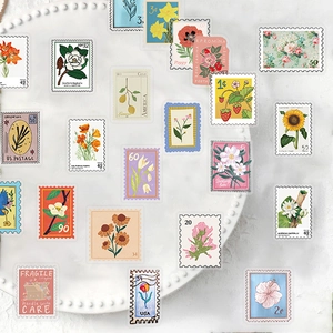 Lot de 50 autocollants vintage timbres fleurs et fruits en PET imperméable