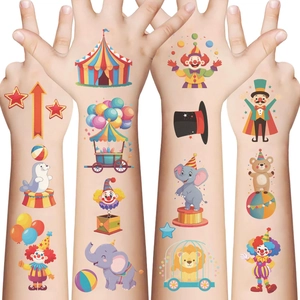 Tatuaggi temporanei circo impermeabili per bambini con disegni colorati di clown e animali
