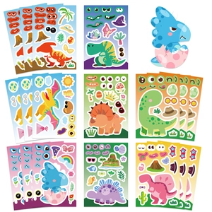 Flat lay of cartoon dinosaur DIY stickers with interchangeable facial features and accessories