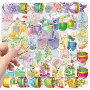 Dettaglio di adesivi floreali a capsula in PET trasparente impermeabile per scrapbooking