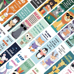 Set of 30 cute cartoon animal bookmarks with inspirational quotes for reading and DIY
