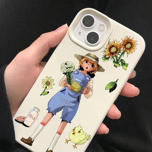 Close-up of cream iPhone case with cartoon girl, sunflower, and donut DIY art