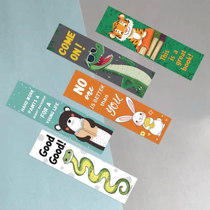 Close-up of cute cartoon animal bookmarks with motivational quotes on premium cardstock