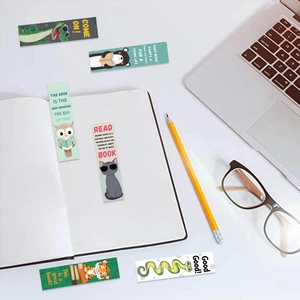 Detailed close-up of colorful cartoon animal bookmarks with English motivational quotes