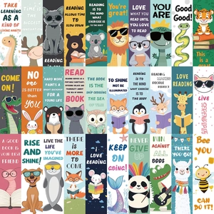 Set of 30 colorful cartoon animal bookmarks with inspirational English quotes