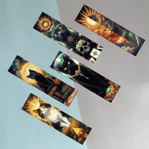 Détail de cinq marque-pages de tarot chat avec des illustrations célestes et magiques