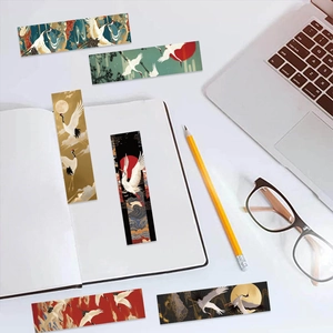 Detailliertes Set von 6 Vintage Kranich-Lesezeichen mit Sonne und Wellen im Ukiyo-e-Stil