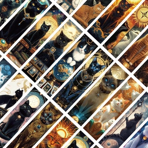 Gros plan de marque-pages tarot chat avec motifs d'astrologie et détails de nuit étoilée