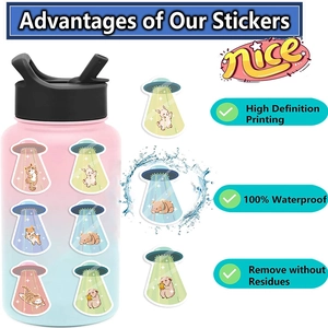 Waterproof cartoon UFO animal stickers shown on a water bottle with splashing water effect