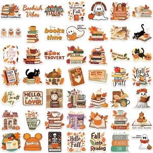 Set van 50 herfststickers met gezellige lees- en boekontwerpen voor DIY-decoraties