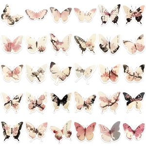 Vista detallada de 30 pegatinas de mariposas estilo tinta con motivos florales y caligrafía
