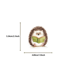 Close-up of cute cartoon hedgehog reading sticker showing size 5.34cm x 4.89cm detail