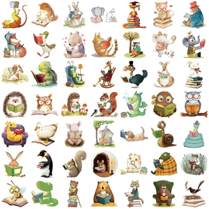 Set of 50 watercolor cartoon animal stickers reading books for laptop and luggage decor