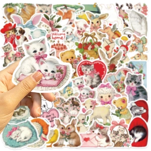 Set of 50 vintage cartoon animal stickers with cute pink bears and rabbits for DIY decor