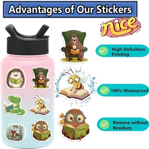 Detail showing waterproof animal reading stickers applied to a water bottle and laptop