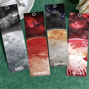 Artistic planet bookmarks set featuring Eris Haumea Charon and Sedna on green texture