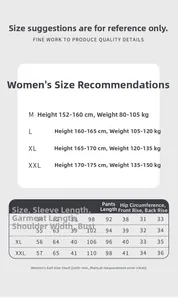 Detailed size guide table for women ice silk pajamas showing measurements in centimeters