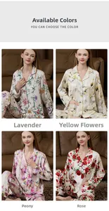 Detailed grid showing four floral silk pajama patterns: Lavender, Yellow, Peony, and Rose