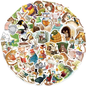 50pcs waterproof cartoon animals reading books stickers for laptops and guitars