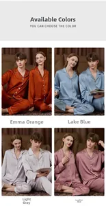 Detail of silk satin couple pajama sets in orange, blue, grey, and pink colors