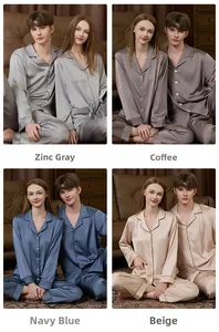 Detail view of satin pajama sets in Zinc Gray, Coffee, Navy Blue and Beige colors