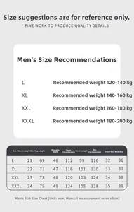 Detailed men's silk pajamas size chart showing height, weight, and garment measurements