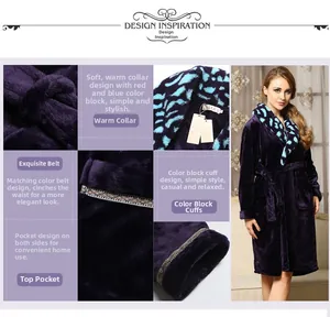 Detail of purple flannel bathrobe featuring contrast leopard print lapels and soft texture