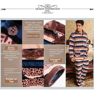 Detail of flannel men's pajama set featuring striped leopard pattern and shirt collar