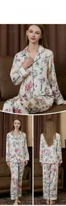 Three-way view of floral silk pajamas set with contrast piping and pocket detail
