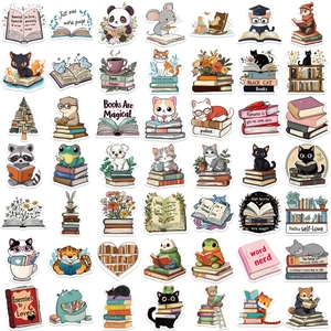 Matrix layout of waterproof cartoon animal stickers featuring bookworm and reading themes