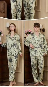 Detail of silk pajamas with vintage floral prints and matching long-sleeved couples set