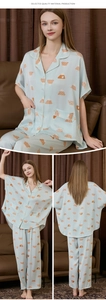 Detailed views of light blue silk pajamas featuring batwing sleeves and geometric prints