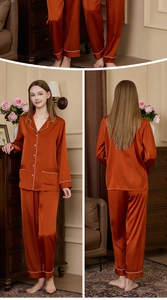Close-up of caramel satin pajamas set with white piping on cuffs and hem details