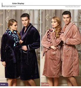Detail view of plush flannel robes with leopard print collar in purple and coffee colors