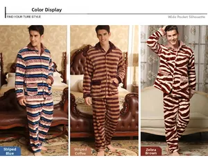 Detailed views of thick coral fleece pajamas for men in striped and zebra patterns