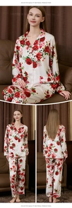Detail of silk satin pajama set featuring red rose floral prints and piping finish