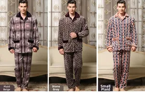 Three men's flannel pajama sets in beige check, stone grey, and small red grid patterns