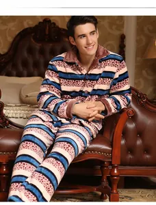 Detail view of men's striped leopard flannel pajamas with plush brown collar in bedroom